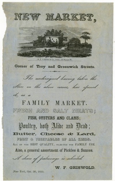 New Market, Corner of Troy and Greenwich Streets, Family Market, 1855 by American School